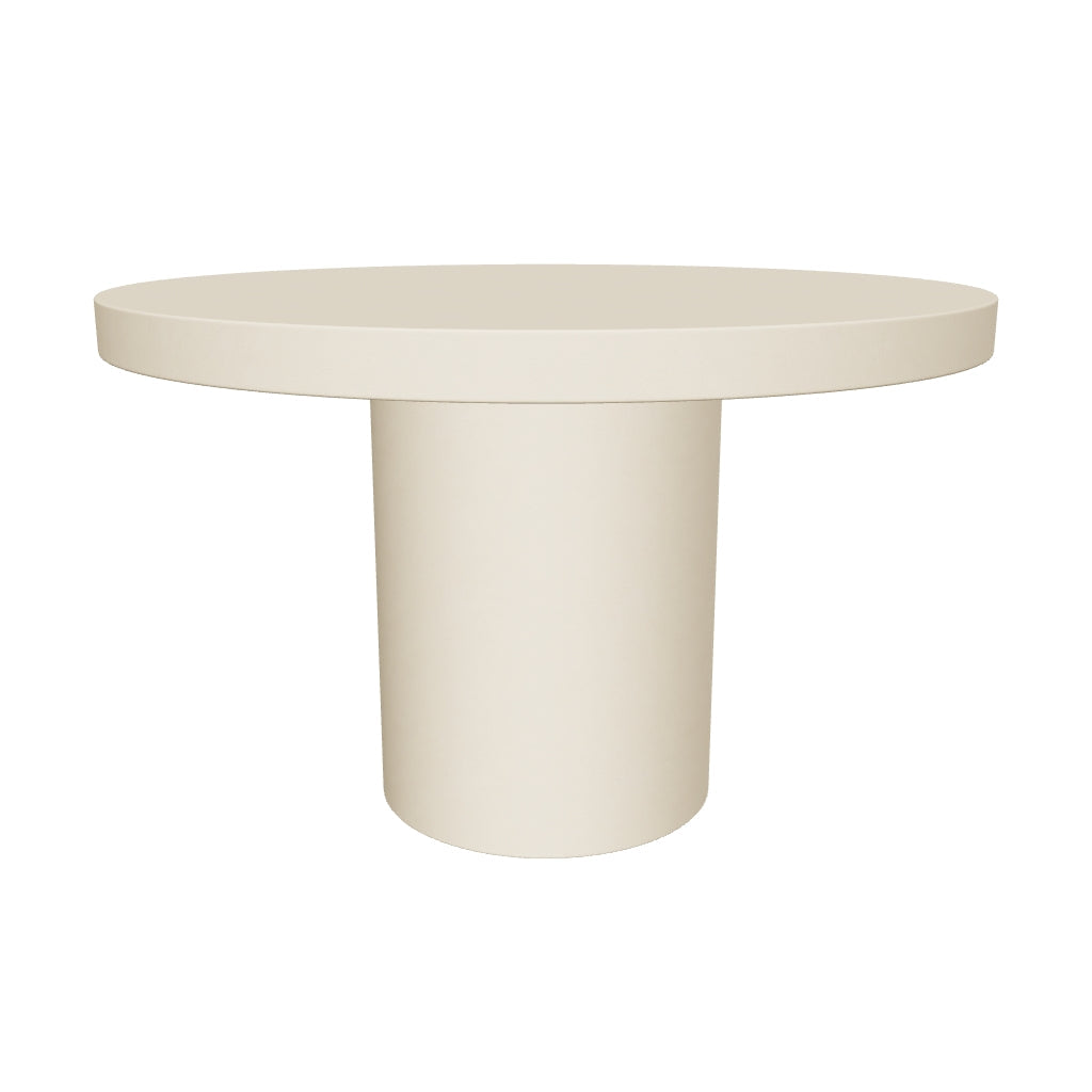 Runder Zementtisch in Beige mit einem Durchmesser von 120 cm, modernes Design, robust und vielseitig für den Innen- und Außenbereich.