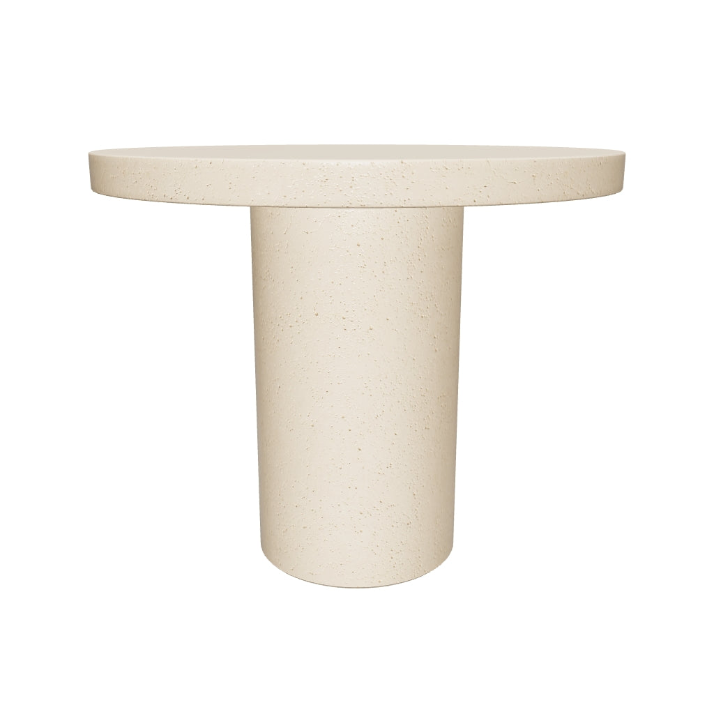 Runder Tisch Aiguablava aus beigem Zement mit einem Durchmesser von 90 cm, modernes Design, robust und vielseitig für den Innen- und Außenbereich.