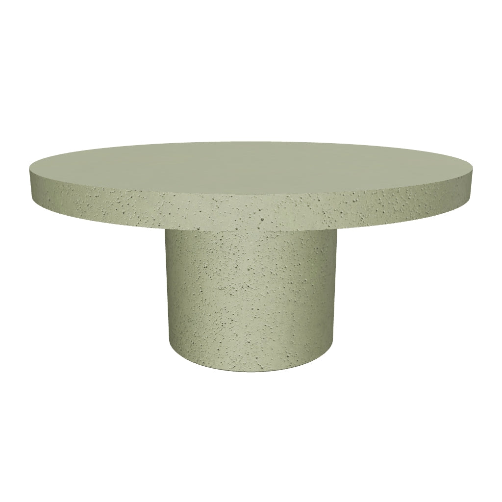 Grüner runder Couchtisch Aiguablava aus Zement mit 90 cm Durchmesser, ideal für den Außenbereich und modernes Wohndesign.