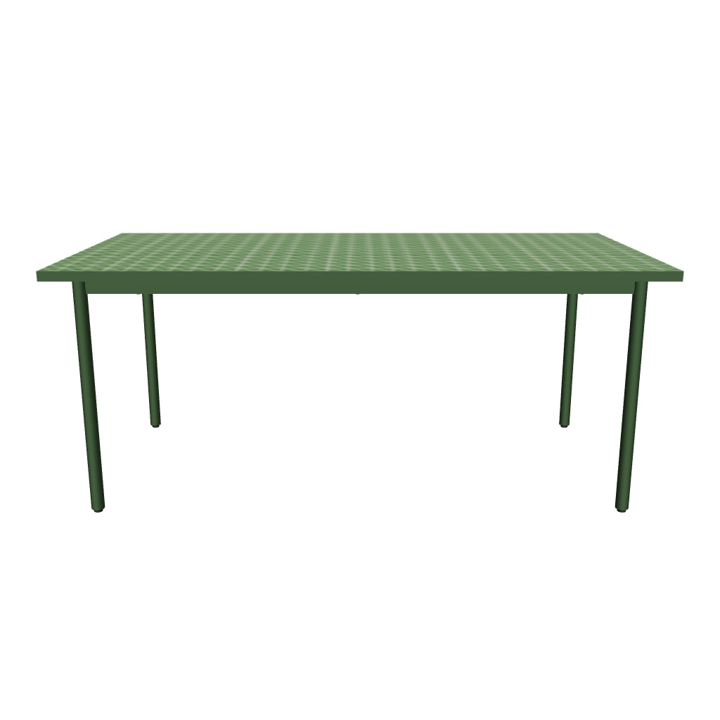 Outdoor-Tisch Maurina aus langlebigem, grün verzinktem Stahl mit dekorativen grünen Kacheln, rechteckige Form, Maße 182 x 91 cm, perfekt für den Einsatz im Garten oder auf der Terrasse.