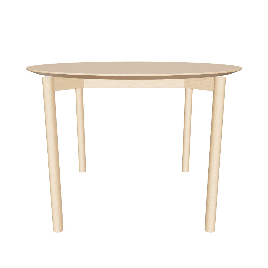 Runder Esstisch Indara aus hochwertigem Eschefurnier und massivem Kautschukholz in Naturfarbe, Ø100 cm, perfekt für moderne und gemütliche Wohnräume.