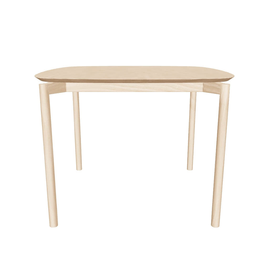 Quadratischer Esstisch Indara aus Eschefurnier und massivem Kautschukholz, 100 x 100 cm, mit natürlichem Holzfinish und modernem Design.