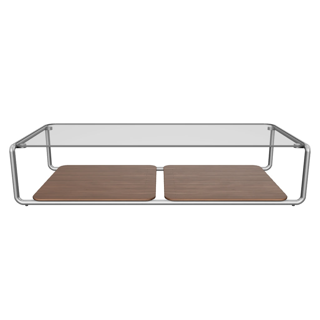 Couchtisch Tarsel aus gehärtetem Glas sowie Platte aus Nussbaumfurnier mit Gestell aus gebürstetem Edelstahl 140 x 60 cm in Dunkelbraun präsentiert im Onlineshop von KAQTU Design AG. Couchtisch ist von Kave Home
