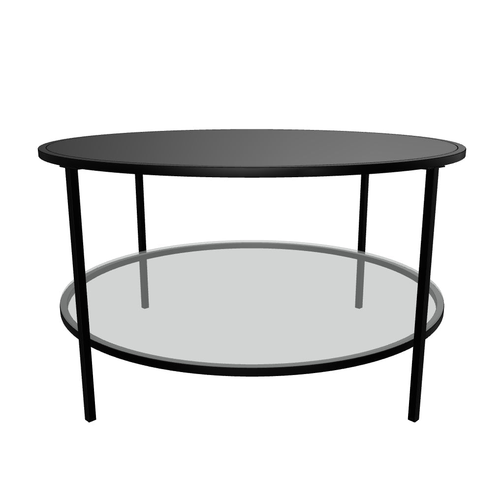 3D-Modell des Gilda Couchtischs: Ø 80 cm, gehärtetes Glas, mattschwarzer Stahl, modernes Design, AR-kompatibel.