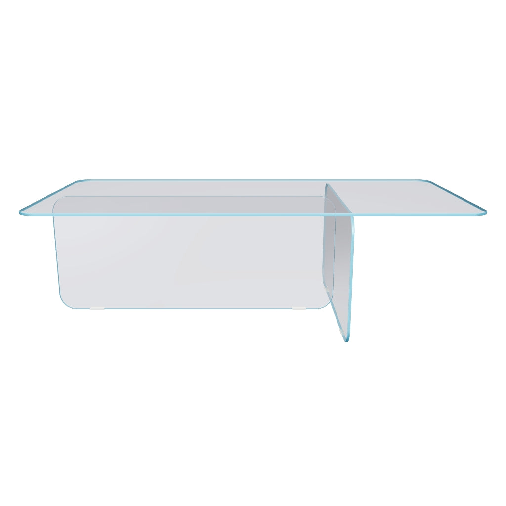 Moderner Couchtisch Zaren aus klarem, gehärtetem Glas mit einer rechteckigen Form von 120 x 60 cm, ideal für ein stilvolles Wohnzimmer.