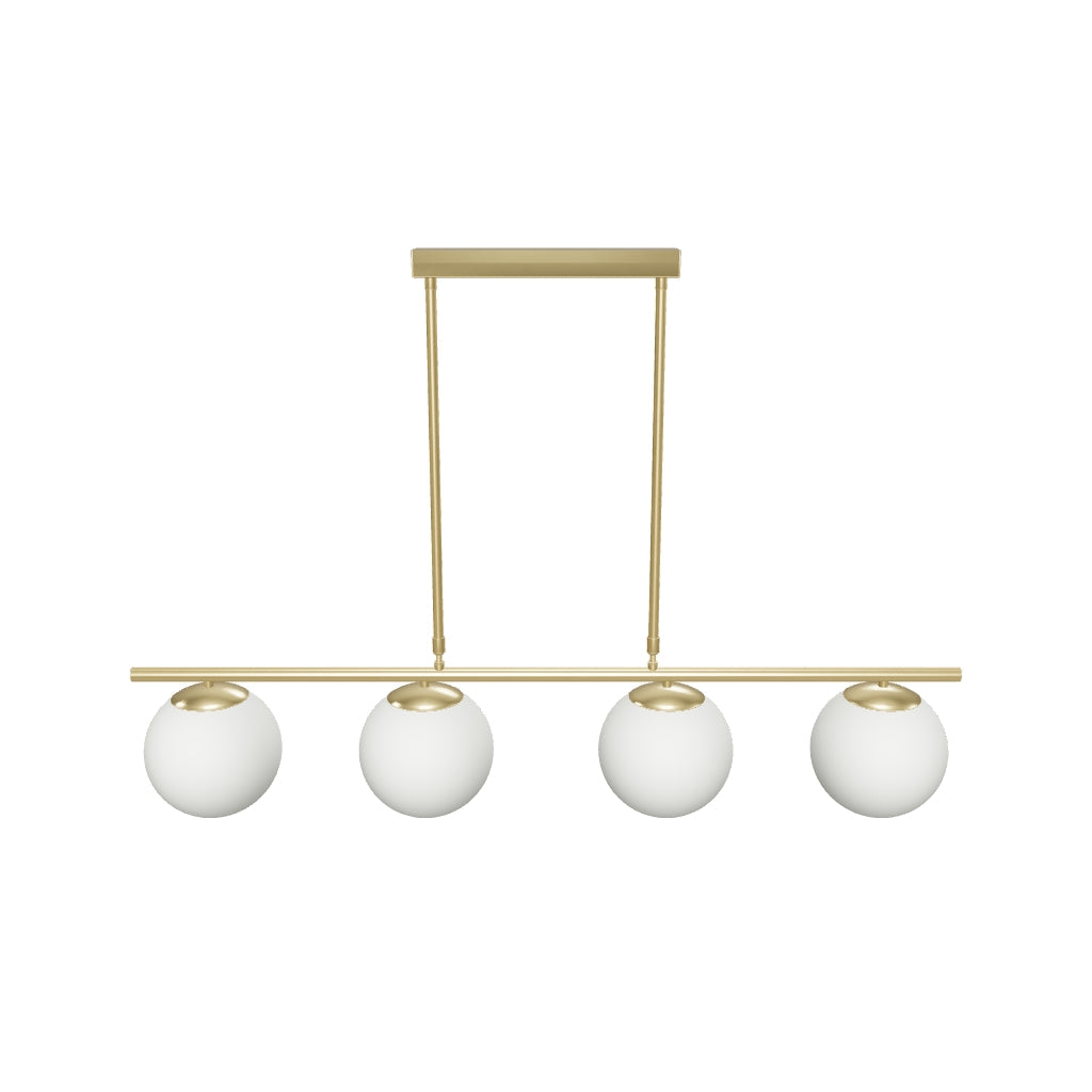 Messingfarbene Mahala Deckenlampe mit vier runden Milchglaskugeln, modernes Design aus Stahl.
