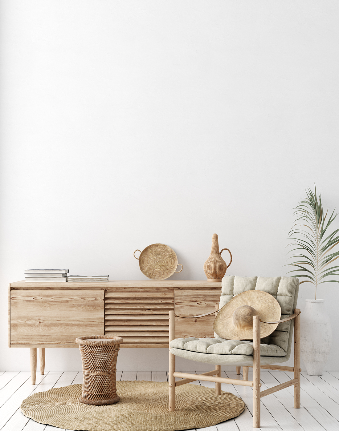 Sessel und Sideboard aus Naturmaterialien im Wabi Sabi Style